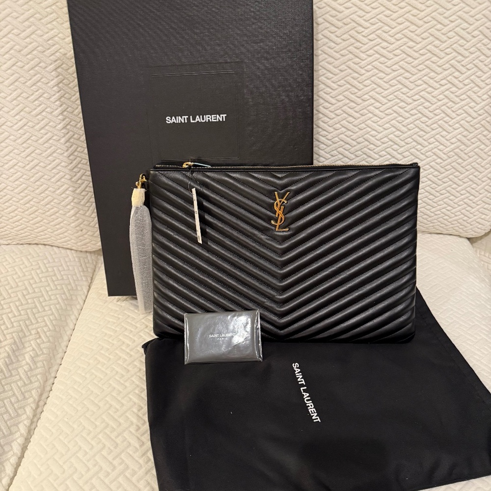 YSL Monogram Large Pouch in Black Smooth Leather – Gold Hardware (NWT)